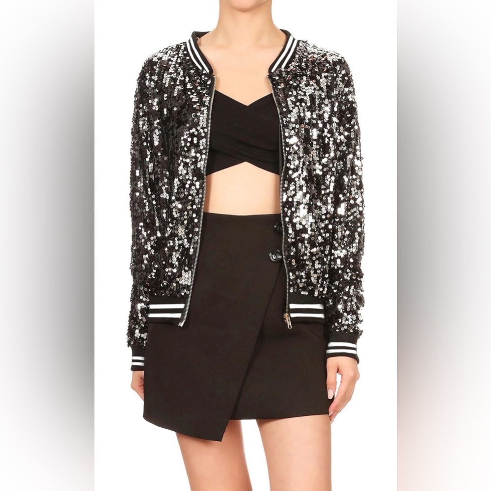 NWOT Sequin Black Bomber Jacket Full Zip